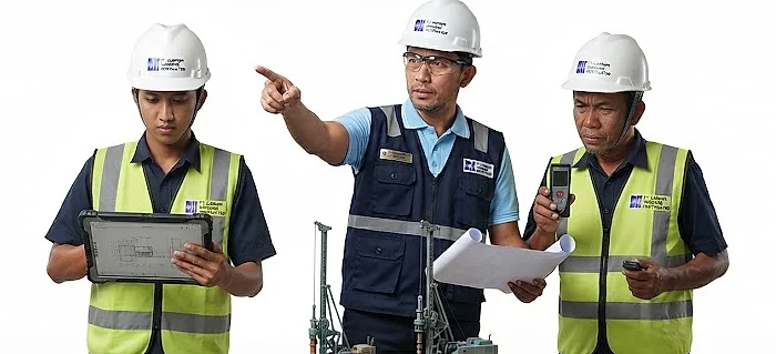 Tim lapangan PT Bangun Nagamas Kontraktor meninjau rencana pekerjaan pondasi
