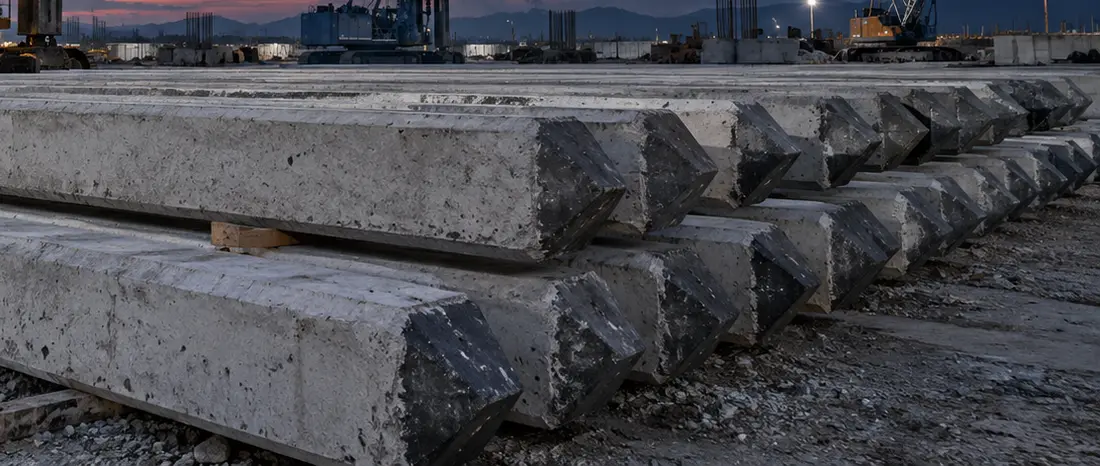 Tumpukan tiang pancang beton di area proyek